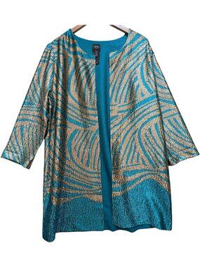 Chico's Travelers Women's Reversible Crushed Zebra Jacket Size 2 Turquoise Gold